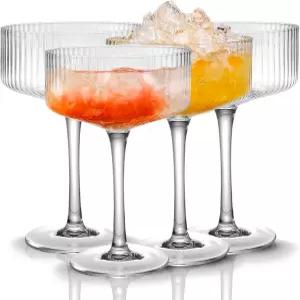 Qipecedm 4개 리브드 쿠페 안경 10온스 빈티지 유리 세트 유니크 마티니 클래식 칵테일 갈스웨어 바 와인