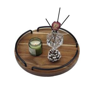 LESUTI 원형 나무 서빙 트레이 - 커피 테이블, 거실, 세면대용 소박한 스타일의 장식 손잡이가 달린 아카시아 집들이 선물 12인치(직경)