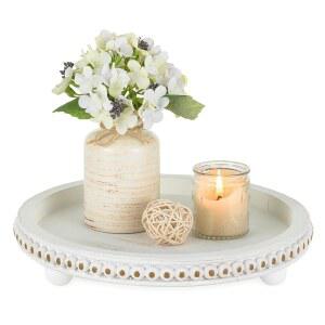 가정 장식용 하노베 트레이: 오스만 거실용 원형 커피 테이블 트레이 12인치 구슬 장식 러스틱 나무 농가 주방 카운터용 센터피스
