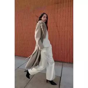 ZARA 벨트 울 라펠 퍼 코트 - 라이트 밍크