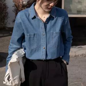 청 빈티지 가을 여자 무지데님 셔츠 레이어드 긴팔 DUCHI3