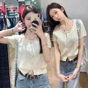 [SBD] 니트 반팔 프릴블라우스 여름 슬림 얇은 리본 레이스