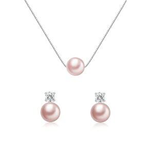 스털링 실버 진주 목걸이 및 귀걸이 세트, 여아용 8mm 화이트 핑크 라운드 여성용 주얼리 결혼식 생일 크리스마스 졸업식 신부 샤워 선물, 조절 가능한 925 체인(12-18인치)