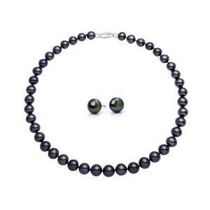 타히티안 블랙 펄 목걸이 및 귀걸이 세트 u2013 천연 소금물 근원형 진주, 둥근 스터드가 있는 우아한 스트랜드 목걸이, 925 스털링 실버 걸쇠 여성용 럭셔리 주얼리 선물