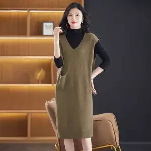 원피스 니트 스커트 롱 위 무릎 브이넥 일자 풀오버 조끼 춘추 민소매 스웨터 ible3