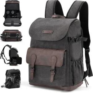Cwatcun 캔버스 카메라 백팩 방수 레인 커버가 있는 사진작가용 DSLR SLR 가방 노트북 수납공간이 케이스