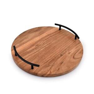 NIRMAN 서빙 트레이 원형 나무 트레이, 철제 손잡이가 있는 빈티지 홈 데코, 농가 주방 카운터 센터피스(12