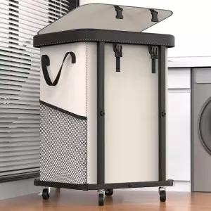 150L 40갤런 바퀴 달린 대형 패션 세탁 바구니 가죽 패치워크 롤링 튼튼한 금속 프레임 탈착식 가능한 가방