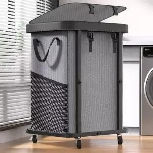 바퀴 달린 150L 40갤런 대형 패션 세탁 바구니 가죽 패치워크 롤링 튼튼한 금속 프레임 탈착식 가능한 가방