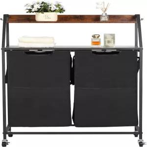 VEVOR 2단 세탁 분류기 금속 프레임과 나무 테이블탑이 있는 높은 바구니 사다리 선반이 롤링 정리함