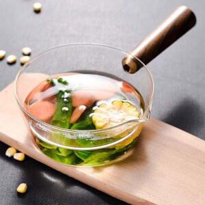 유리 요리 냄비 우유 국수 가열 주방 불꽃 주식 손잡이 나무 수프