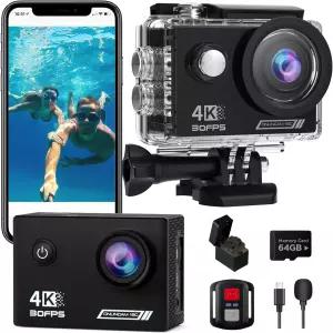 액션 카메라 4K30fps 64G SD 카드 HD 방수 131피트 수중 20MP 사전 녹화 WiFi 170 리모컨 스포츠 배터리