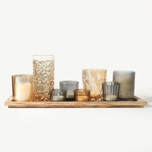 8개의 갈색 유리 보티브 캔들 홀더가 있는 소박한 나무 트레이, 맨틀용 장식용 티 라이트 홀더 세트, 센터피스, 식탁용 센터피스 홈 데코(8개 세트)