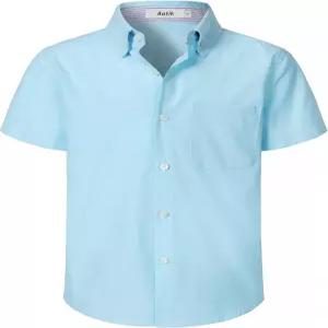 AOTIK 보이즈 옥스포드 버튼 다운 셔츠 반팔 정장 유니폼 포켓 포함