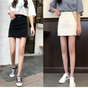 하이웨스트 A라인 밑단 헤짐 데님 미니 스커트 치마