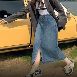 J2K 여자 가을 봄 롱 청치마 데님스커트 앞트임 A라인