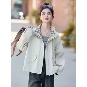여성점퍼 가을 넥 캐주얼 코트 체크 패치 쇼트 루즈핏 트렌치 재킷 심쿵해외구매