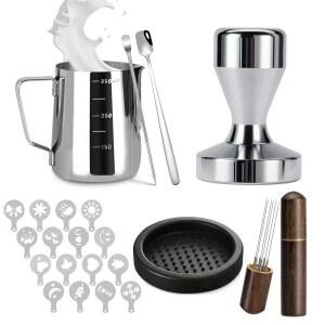 에스프레소 액세서리 키트 51mm 변조기: 커피 변조기, 우유 거품기, WDT 도구 에스프레소, 변조 매트, 라떼 아트 펜, 스푼, 스텐실이 포함된 변조기 세트