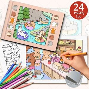 1Pcs 작은 곰 낙서 캐릭터 색칠하기 책 동물 테마 성인 및 청소년을위한