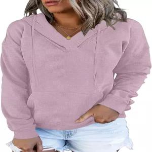 오셀리 여성 와플 후드 스웨트셔츠 가을 긴 소매 루즈 사이드 슬릿과 포켓이 있는 V넥 상의 2025