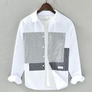 남성 긴팔 후레쉬 배색 패치 스트라이프 셔츠 루즈핏 캐주얼 순면 심쿵해외구매