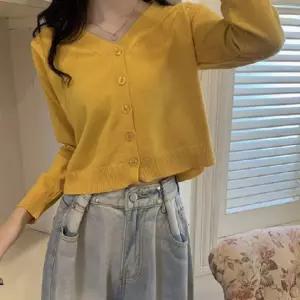 유행 여자 브이넥 버튼 긴팔 가디건 베이직 캐주얼룩