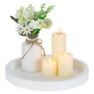 커피 테이블용 하노베 장식 트레이: 오스만 중앙 장식용 둥근 소박한 트레이 홈 데코 11인치 작은 나무 토퍼 거실 코너 정리함 흰색