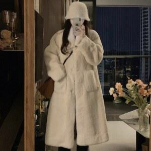 여성 롱 퍼코트 니트 결합 두꺼운 겨울 아우터