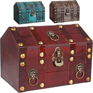 대형 빈티지 우드 보물 상자 금속 잠금 장치 포함 앤틱 목재 주얼리 보관함 수공예 장식함 반지 목걸이