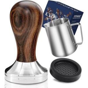 교나노 에스프레소 탬퍼 51mm - 차케이트 프리토 우드 핸들로 커피 플러스 밀크 프로팅 피처 350ml 및 실리콘 매트 델롱기 포르타필터에 맞습니다