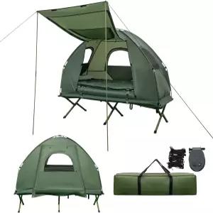 고플러스 캠핑 텐트 간이 침대 차양이 있는 5-in-1 접이식 에어 매트리스 침낭 스프레드 지상 고가 1-2인용