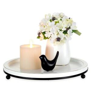 가정 장식용 하노베 트레이: 거실용 둥근 오스만 트레이 커피 테이블 12인치 흰색 나무 중앙 피스, 입구 주방 카운터용 금속 발 포함