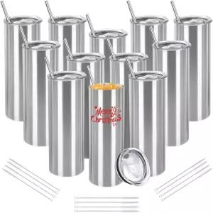 유케 올라 12팩 스테인리스 스키니 텀블러 여행용 뚜껑과 빨대가 있는 20온스 벌크 스트레이트 이중 벽