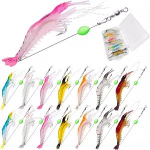 14PCS 소금물 낚시 미끼 상자와 함께 새우 유인 세트 빛나는 날카로운 갈고리가 달린 7가지 색상의