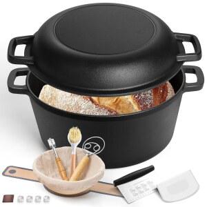 [미국배송] 빵 굽기용 E-far 5QT 더치 오븐 프라이팬 뚜껑 및 사워도우 스타터 키트가 포함된 2-IN-1 주철 냄비 튀김 브레이징 바비큐 녹슬지 않고 무거운 작업을 위한 베이킹 용품이 오븐