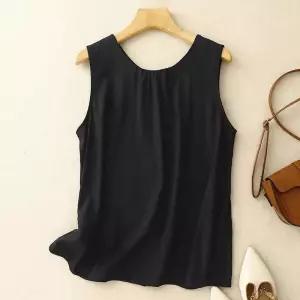 손오공 검정 여성 블라우스 양 데일리룩 나시 민소매 톱 면마 라운드넥 A라인 트렌드 KUK1