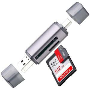 [미국배송] USB-C 및 USB SD 카드 리더 SDXC SDHC SD MMC RS-MMC MICRO SDHC UHS-I 카드용 듀얼 커넥터가 있는 2-IN-1 알루미늄 합금 메모리 리더기