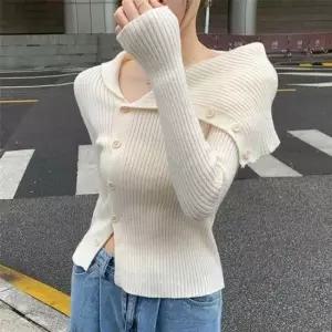 [옷은날개] 언발 어깨트임 오프숄더 니트 골지 긴발 티 셔츠