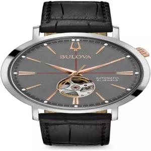 불로바 남성용 클래식 에어로젯 3핸드 자동 가죽 스트랩 시계 오픈 조리개 40시간 전력 예비 더블 커브드