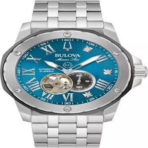 불로바 마크 앤서니 남성용 자동 마린 스타 스테인리스 스틸 시계 오픈 조리개 전시 케이스 백 다이아몬드