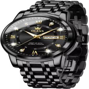 OLEVS 남성 시계 블루 골드 아날로그 쿼츠 스테인리스 스틸 방수 야광 데이트 럭셔리 캐주얼