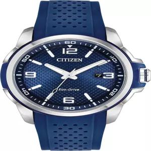 블루 폴리우레탄 스트랩이 있는 스테인리스 스틸 시티즌 남성용 에코 드라이브 위켄더 시계 다이얼 모델