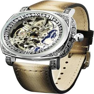 포시닝 남성용 시계 스퀘어 레트로 기계식 자체 바람 조각 스켈레톤 자동 빈티지 가죽 스트랩 손목시계