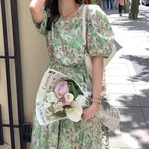 꽃무늬 반팔 원피스 허리 스트랩 롱원피스 모임룩코디