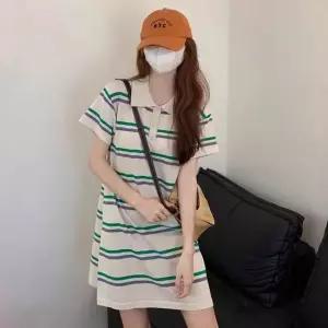 캐주얼 여름 배색 스트라이프 카라 여행 데이트 데일리 미니 원피스