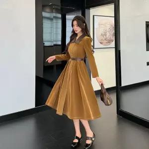 피콜로 여자 데일리룩 원피스 럭셔리정장 가을 긴팔 코듀로이벨트 롱스커트 KUK3