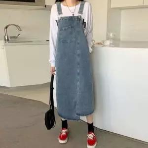 멜빵스커트 트임 언발란스 데님 편한 청원피스