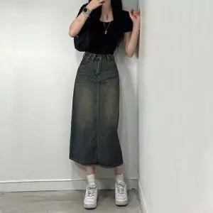 여성 데님 워싱 롱 청 스커트 뒷트임 청치마 Y2K
