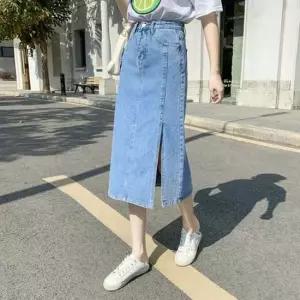 옆트임 롱 데님 스커트 연청 워싱 앞절개 청치마