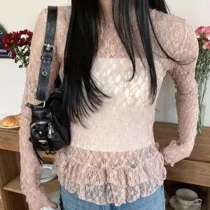 여자 꽃패턴 레이스 캉캉 시스루 망사 긴팔 티셔츠